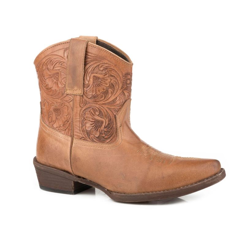 ROPER BOOTS WOMENS TAN VAMP WITH TOOLED SHAFT LEATHER SHORTY-TAN