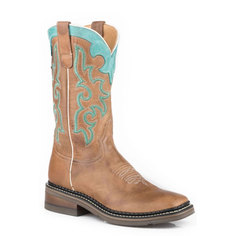 ROPER BOOTS WOMENS BURNISHED TAN LEATHER VAMP SHAFT BOOT WITH TURQUOISE ...